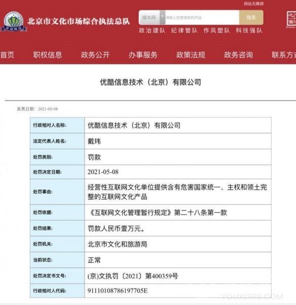 爱奇艺、优酷因提供低俗违禁内容被北京文旅局处罚