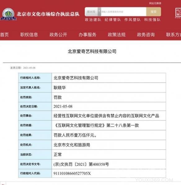 爱奇艺、优酷因提供低俗违禁内容被北京文旅局处罚