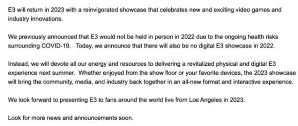 2022E3游戏展取消 官方确认今年将不会有线上与线下活动